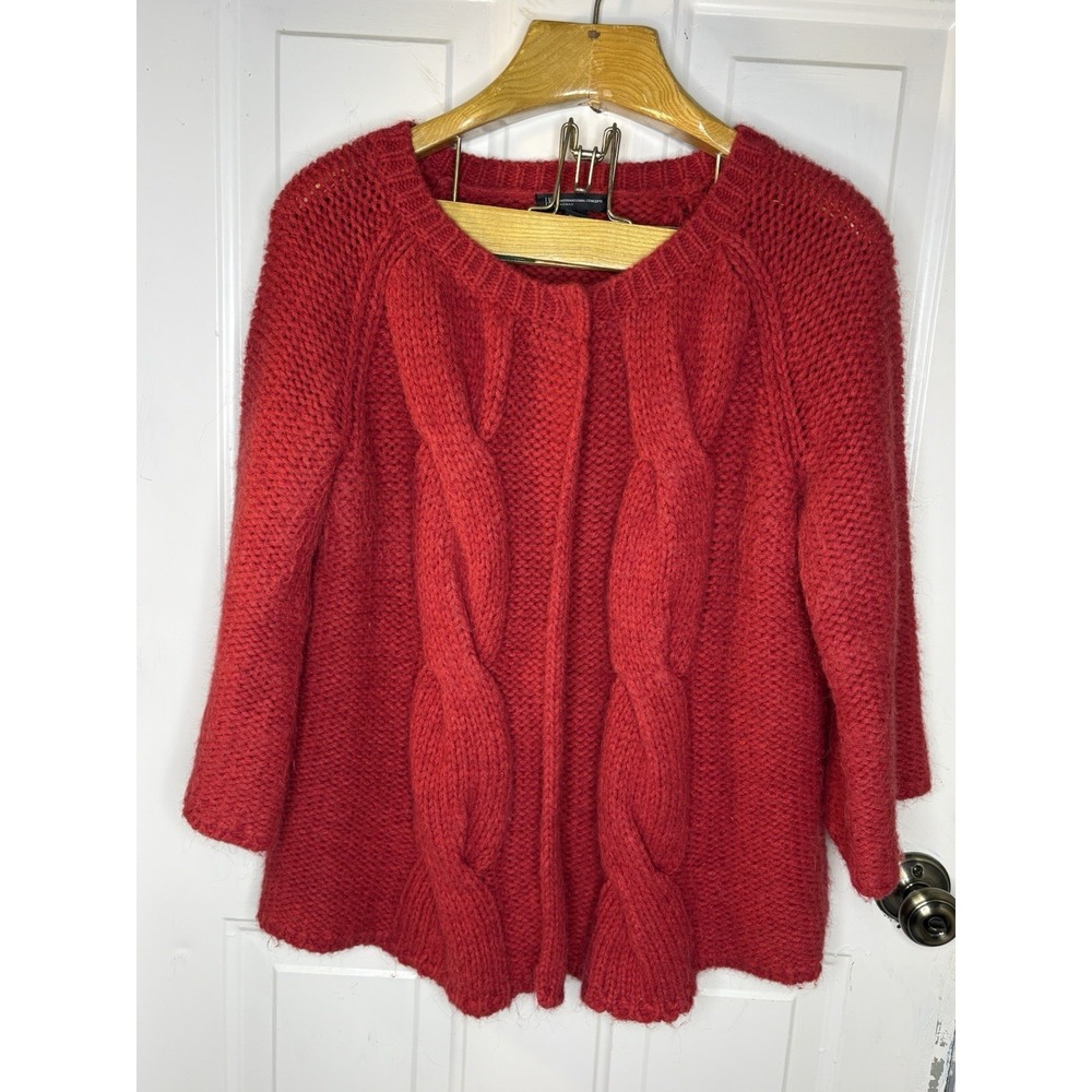 Women's Plus 1X Alpaca Acrylic Chunky Cozy Cable Knit Red Cardigan INC Soft